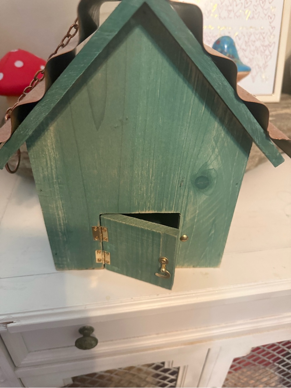 Green Wooden Birdhouse with Copper Roof Accent - Picture 3 of 4